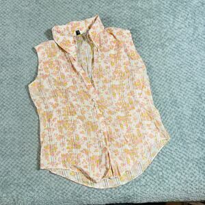 vtg 70s miss holly orange/pink floral button down cottage core sleeveless tank M